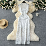 Light Luxury High-End Sleeveless Dress Female Summer Mesh Yarn Hollow Hook Open Fork Design Long