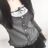 Wind Holiday Two Wave Point Square Collar Spliced Button Blouse Girl 2024 Collision Color Small Bow Knot Wooden Ear T-Shirt-Outfit