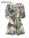 Print Colorblock Mini Dress For Women Slash Neck Short Sleeve High Waist Dresses Female Clothing Fashion Summer