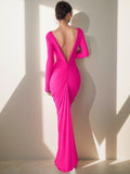 Fashionable Women's Dress French Long-Sleeved Sexy Deep V-Collar Pleated Slim Dress Two High-Waisted Dresses-Outfit