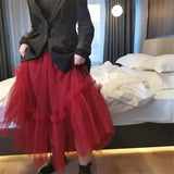 Casual Long Mesh Skirts Women Elastic High Waist Ruffled Tiered Tulle Pleated Maxi Skirts Faldas Mujer Moda Fairy