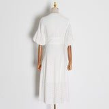 Vintage Dress For Women V Neck Puff Half Sleeve Ruched Tunic Hollow Out Designer Loose Mid Dresses Female 2023