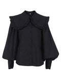 Big Peter Pan Collar Ruffle Womens Blouse Long Sleeve White Cotton Casual Tops Female Spring Summer Frill Shirt