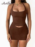 Sleeveless Backless Lace Up Sexy Slim Solid Crop Top Skirts 2 Pcs Set Summer Women Casual Outfit Sport