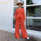 Casual Loose Pink Two Piece Pants Set Women Fashion Long Sleeve Blouses Matching Wide Trousers Suit Lace-Up Pant