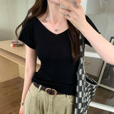 Pink V-Collar Ice Silk Knitted Short-Sleeved T-Shirt Women's New Summer Design Thin Slim Bottomed Blouse-Outfit