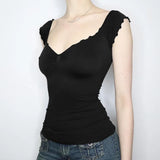 Flying Sleeve Chest Leaky Back Element Waist Showing Thin Basic Vest Sexy V-Collar Casual T-Shirt Trend-Outfit