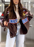 Street Printed Brown Oversize Long Sleeve Loose Bomber