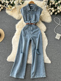 Ripped Loose Denim Jumpsuit Pocket Sleeveless Single Breasted Women Streewear Vinage Sashes Slim Long Straight