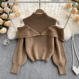 Fashion Off Shoulder Knit Pullover Stand Neck Korean Lantern Sleeve Design 2022 Autumn Retro Sweater Knitwear