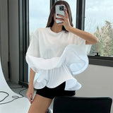 Toloer Summer New Fashion Temperament Slim Show Thin Round Collar Flounce Splicing Design Sense Short-Sleeved Women's T-Shirt-Outfit