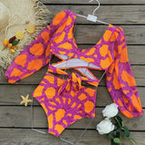 High-Waisted Split Long-Sleeved Swimsuit Women 2025 New Sexy Dew Back Cross-Tie With Deep V