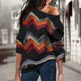 Women Blouses Off Shoulder Tops Striped Print Pullover Jumper Casual Knitted Top Long Sleeve Blouse Shirt Camiseta