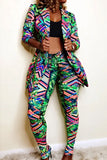 Fashion Print Turndown Collar Long Sleeve Blazer Suit Two Pice