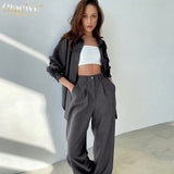 Fashion Loose Brown Two Piece Sets Womens Outifits Elegant Lapel Long Sleeve With High Waist Straight Pants Set