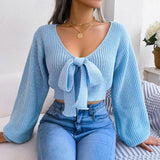 Autumer Winter Knit Elegant Sexy V Neck Chic Women Sweater Lantern Sleeve Pollover Short Bow Tie Korean Style Jumper