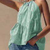 Women's Summer Y2K Aesthetic Fashion Striped Tank Sleeveless Tie-up Halter Neck Backless Striped Peplum Flare Tops-Outfit