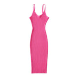 And Winter New Rib Flute Dress Elastic Tight Suspender Dress Knitted Dress-Outfit