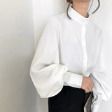 Lantern Sleeve ladies shirts Women's Blouse Spring Autumn Single Breasted Shirts Blouse Solid Blusas
