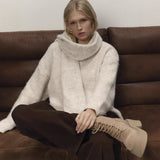 And Winter Solid Color Round Collar Open Fork Sweater Set Women's Loose Knitting Tops Broad Leg Pants Two