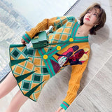 2021 New Arrival V Neck Long Sleeve Knit Cartoon Cardigans and A-Line Mini Skirts 2 Pieces Sets Korean OL Elegant