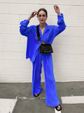 Pleated Fashion 2 Piece Women Wide Leg Trouses Suits And Drap Shirt Ladies Outfits 2yk Straight Long Pants Sets
