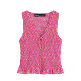 Summer New Women's Printed V-Neck Sleeveless Vest High-Waisted Midi Skirt