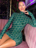 Print Green Turtleneck Sexy Ruched Long Sleeve Mini Club