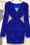 Sexy Women Sequins Glittering Mini Party Dress Elegant Mesh Patchwork V-neck Long Sleeve Slim Bodycon Club Velvet