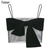 Women Sexy Hollow Out Eyelet Mesh Hot Drilling Short Sling Blouse Female Velvet Bow Design Blusas Chic Crop Tops
