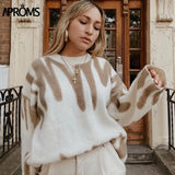 Aproms Elegant Green Striped Print Oversized Pullovers Women Winter O-Neck Loose Long Sweaters Streetwear Warm Outerwear