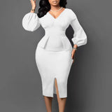 Women's V-Neck Bubble Bubble Sleeve Open Fork Dress Office Pencil Dress African