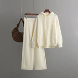 Drawstring Hooded Women Knitted Sets Irregular Loose Sweater+Casual Wide Leg Long Pants Winter Warm Two Pieces