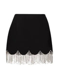 TWOTWINSTYLE Patchwork Chain Tassel Hem Two Piece Set Womens V Neck Long Sleeve Tops High Waist Mini Skirt Solid Sets Female