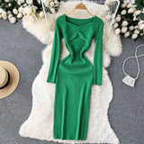 Hollow Out Sexy Knitted Dress Elegant Long Sleeve Slim Square Collar Fashion Ladies Party Bodycon Sweater Midi