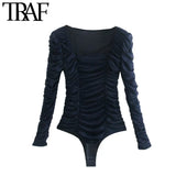 Women Fashion Pleated Tulle Snap-button Bodysuits Vintage Square Collar Long Sleeve Female Playsuits Chic