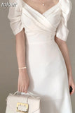 V-neck Slim Waist Women Dress Elegant Puff- Sleeve White Female A-line Dress 2023 Summer Party Vestidos Femme Maxi