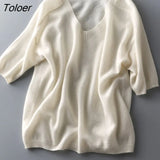 Solid Colour Knitted Women's Sweater Short-Sleeved Ladies V-Neck Cotton Pullover Korean Bottoming Shirt Sweater