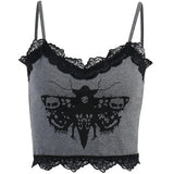 Lace Patchwork Transparant Back Body Crop Top Women Sleeveless Clubwear Gothic Style Skull Graphic Embroidery Black Camis-Outfit