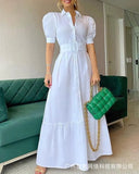 and American women's white puff sleeve shirt dress-with