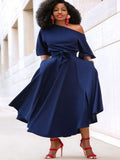 New Women's Dress Fashion Temperament Solid Color Office Lady Irregular One-Shoulder Strap Waist Women's Long