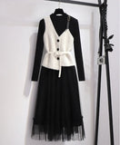 Women Elegant Casual Suit 2022 Autumn Fashion Black knitting Mesh Dress + Plaid Vest Top Female 2 Piece