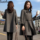 Lady Woolen Jacket Women's Middle Long Korean Autumn Winter 2021 New Loose Cape Small Thousand Bird Lattice Woolen