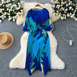High-End Dress Women Design Feel Strapped Waist Bat Sleeve Pressure Fold Printing Irregular Dress