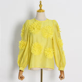 Loose Patchwork Floral Shirt For Women Round Neck Lantern Sleeve Solid Blouses Female Spring Clothes Style New
