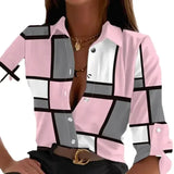 Women Turn Down Collar Shirt Coats Print Plaid Full Sleeve Single Breasted Regular Splice Ladies Autumn Casual Loose Shirts-Outfit