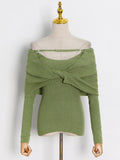 High Street Slim White Sweater For Women Slash Neck Long Sleeve Solid Knitting Pullover Female Clothing Fashion
