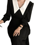 Pleated Women Spring A-Line Long Sleeve Midi Office Patchwork Dress