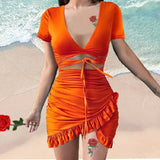 Floral Print Fashion Tie Up Wrap Mini Dress 2021 Summer Holiday Ruffles Sundress Ruched Women's Dress Short