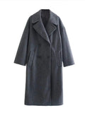 Women Double Breasted Woolen Coat Lapel Collar Long Sleeves Solid Long Wool Coat Winte Fashion Warm Loose Woolen